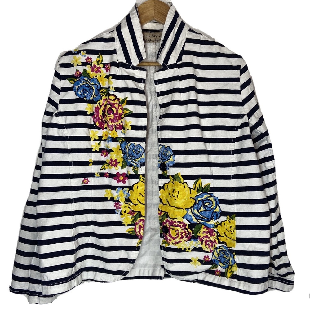 Life Style Cotton Striped Navy & White Floral Sequin Blazer XL